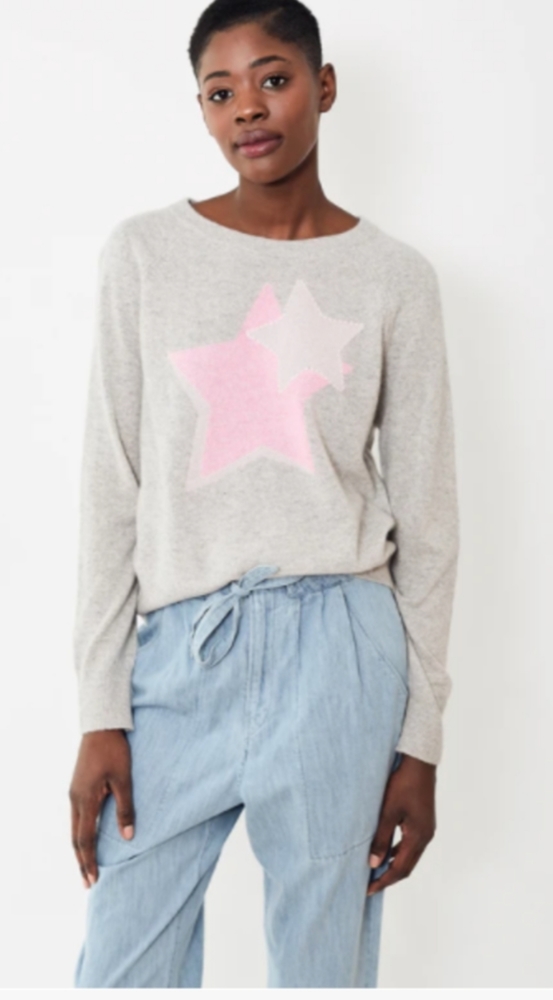 NWT WHITE + WARREN CASHMERE MULTI STAR INTARSIA SWEATSHIRT - MISTY GREY HEAT…